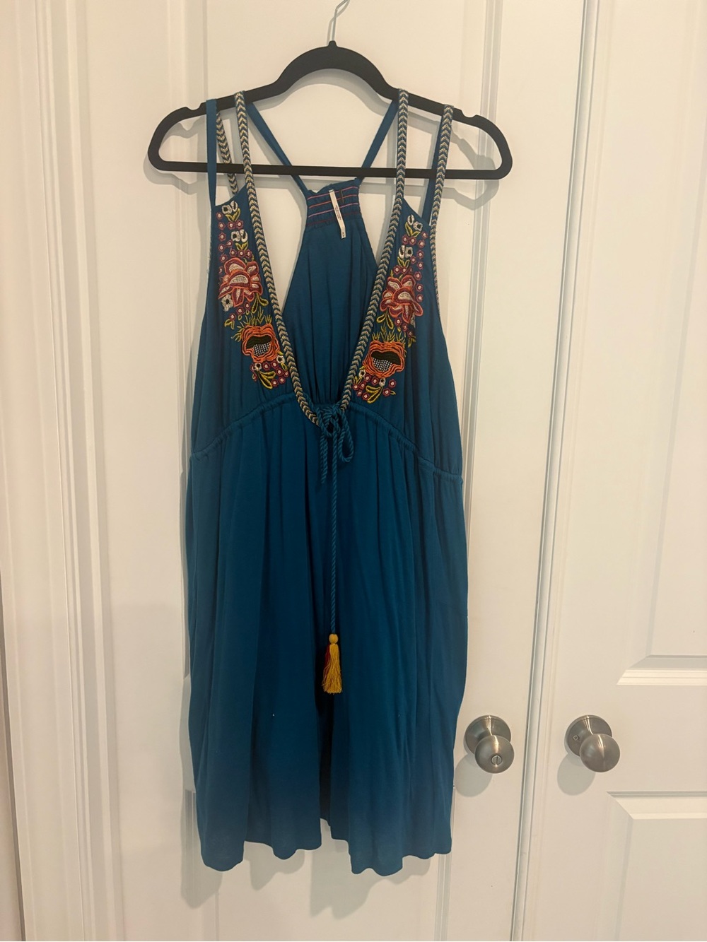 Free People Teal Embroidered Tassel Mini Dress size medium